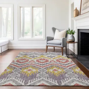5' X 8' Purple Ivory And Gold Tribal Washable Area Rug With UV Protection