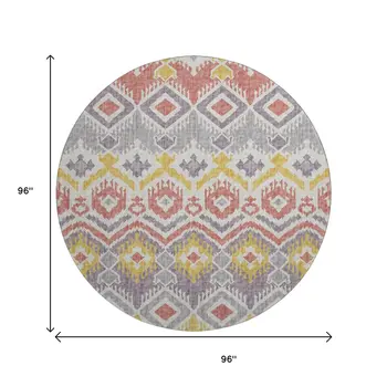 8' Purple Ivory And Gold Tribal Washable Round Rug With UV Protection