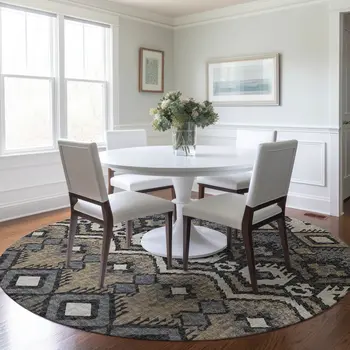 8' Desert Sand Ivory And Gray Tribal Washable Round Rug With UV Protection