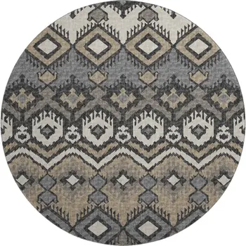 8' Desert Sand Ivory And Gray Tribal Washable Round Rug With UV Protection