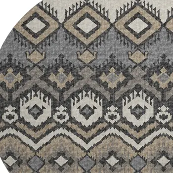 8' Desert Sand Ivory And Gray Tribal Washable Round Rug With UV Protection