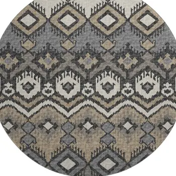 8' Desert Sand Ivory And Gray Tribal Washable Round Rug With UV Protection