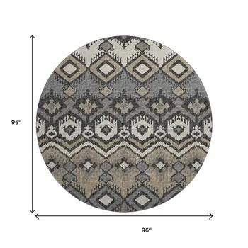 8' Desert Sand Ivory And Gray Tribal Washable Round Rug With UV Protection