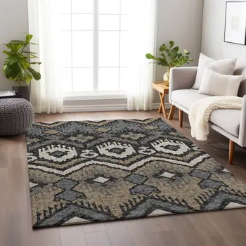 8' X 10' Desert Sand Ivory And Gray Tribal Washable Area Rug With UV Protection