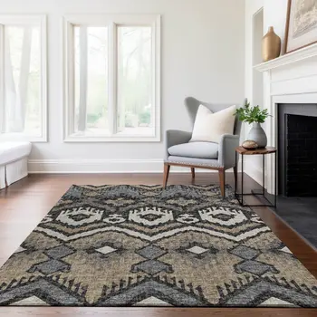 8' X 10' Desert Sand Ivory And Gray Tribal Washable Area Rug With UV Protection