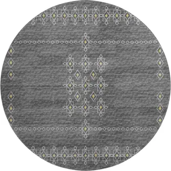 8' Gray Gold And Silver Tribal Washable Round Rug With UV Protection