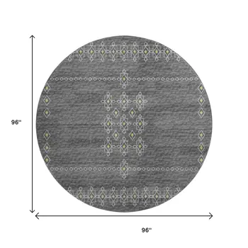 8' Gray Gold And Silver Tribal Washable Round Rug With UV Protection