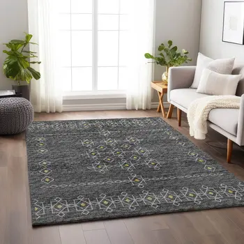 10' X 14' Gray Gold And Silver Tribal Washable Area Rug With UV Protection