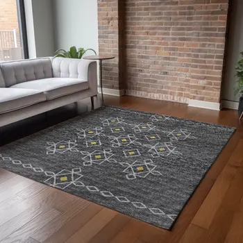 10' X 14' Gray Gold And Silver Tribal Washable Area Rug With UV Protection
