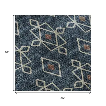 5' X 8' Blue Rust And Ivory Tribal Washable Area Rug With UV Protection