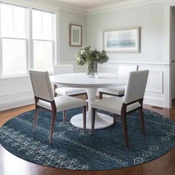 8' Blue Rust And Ivory Tribal Washable Round Rug With UV Protection