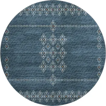 8' Blue Rust And Ivory Tribal Washable Round Rug With UV Protection