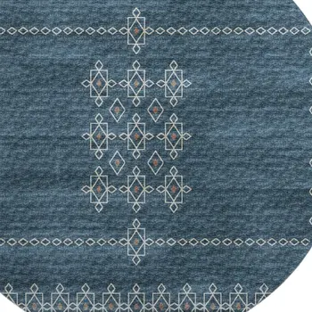 8' Blue Rust And Ivory Tribal Washable Round Rug With UV Protection