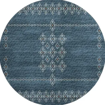 8' Blue Rust And Ivory Tribal Washable Round Rug With UV Protection