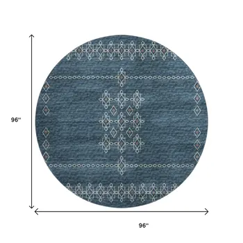 8' Blue Rust And Ivory Tribal Washable Round Rug With UV Protection