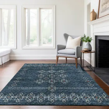 8' X 10' Blue Rust And Ivory Tribal Washable Area Rug With UV Protection