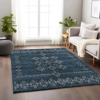 9' X 12' Blue Rust And Ivory Tribal Washable Area Rug With UV Protection