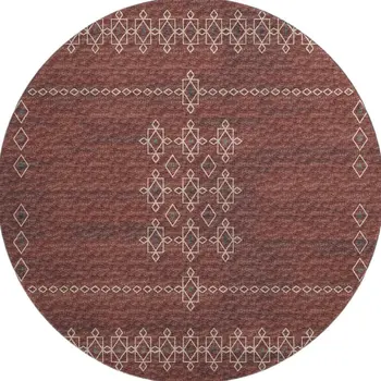 8' Burnt Sienna Ivory And Black Tribal Washable Round Rug With UV Protection