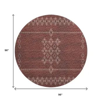8' Burnt Sienna Ivory And Black Tribal Washable Round Rug With UV Protection