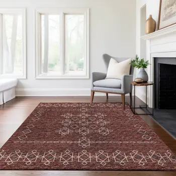 9' X 12' Burnt Sienna Ivory And Black Tribal Washable Area Rug With UV Protection