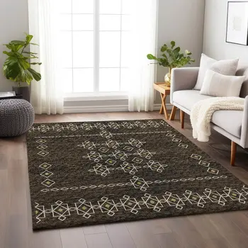 3' X 5' Brown Ivory And Gold Tribal Washable Area Rug With UV Protection