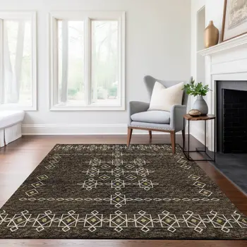 3' X 5' Brown Ivory And Gold Tribal Washable Area Rug With UV Protection