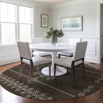 8' Brown Ivory And Gold Tribal Washable Round Rug With UV Protection