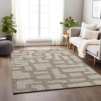 5' X 8' Tan And Ivory Abstract Washable Area Rug With UV Protection