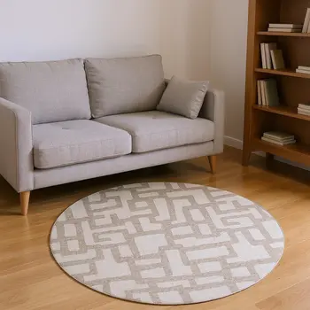8' Tan And Ivory Abstract Washable Round Rug With UV Protection