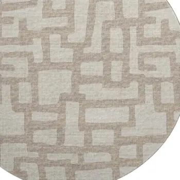 8' Tan And Ivory Abstract Washable Round Rug With UV Protection