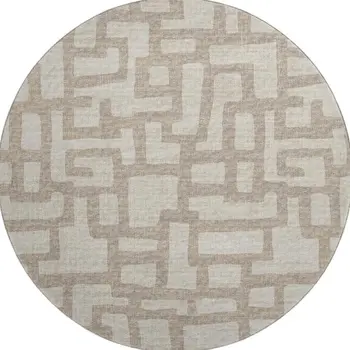 8' Tan And Ivory Abstract Washable Round Rug With UV Protection