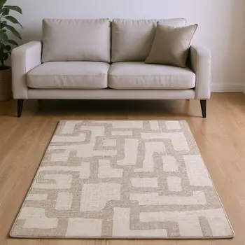 8' X 10' Tan And Ivory Abstract Washable Area Rug With UV Protection