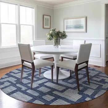 8' Blue And Silver Abstract Washable Round Rug With UV Protection