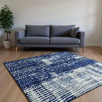 8' X 10' Blue And Silver Abstract Washable Area Rug With UV Protection