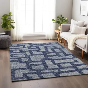 9' X 12' Blue And Silver Abstract Washable Area Rug With UV Protection