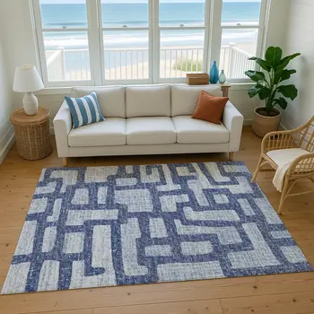 10' X 14' Blue And Silver Abstract Washable Area Rug With UV Protection