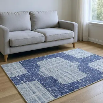 10' X 14' Blue And Silver Abstract Washable Area Rug With UV Protection