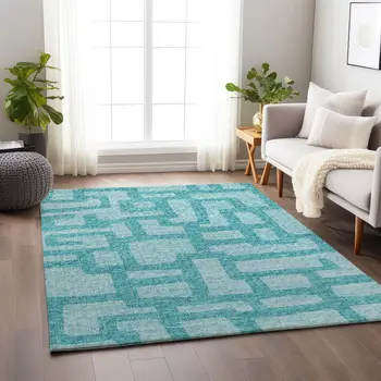 5' X 8' Turquoise And Sky Blue Abstract Washable Area Rug With UV Protection