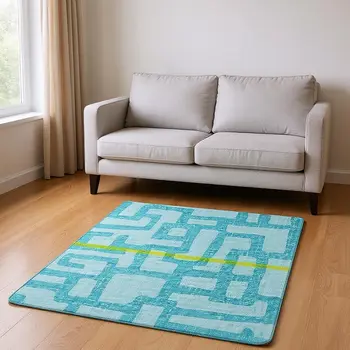 5' X 8' Turquoise And Sky Blue Abstract Washable Area Rug With UV Protection