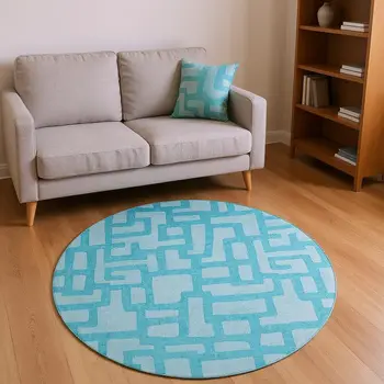 8' Turquoise And Sky Blue Abstract Washable Round Rug With UV Protection