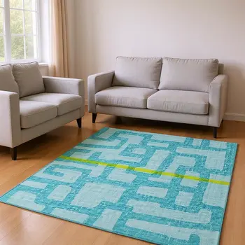 8' X 10' Turquoise And Sky Blue Abstract Washable Area Rug With UV Protection