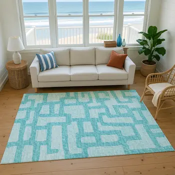 9' X 12' Turquoise And Sky Blue Abstract Washable Area Rug With UV Protection