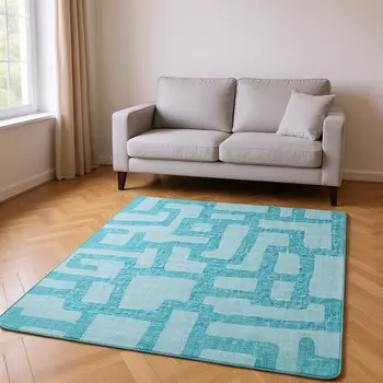 9' X 12' Turquoise And Sky Blue Abstract Washable Area Rug With UV Protection