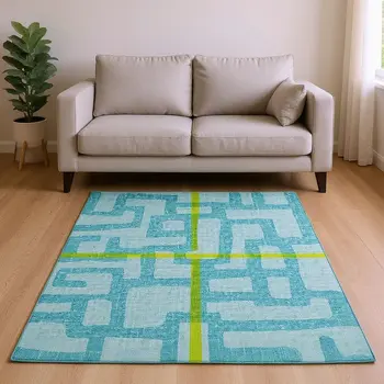 10' X 14' Turquoise And Sky Blue Abstract Washable Area Rug With UV Protection