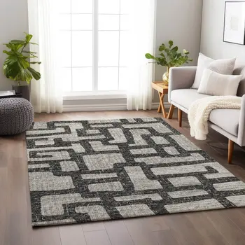 5' X 8' Gray And Ivory Abstract Washable Area Rug With UV Protection