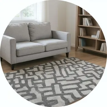 8' Gray And Ivory Abstract Washable Round Rug With UV Protection