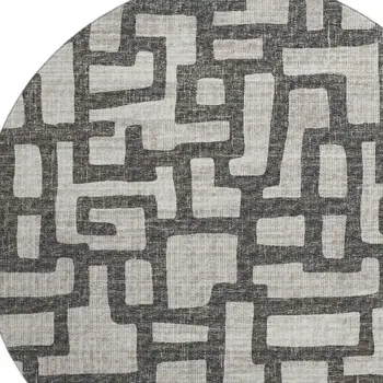 8' Gray And Ivory Abstract Washable Round Rug With UV Protection