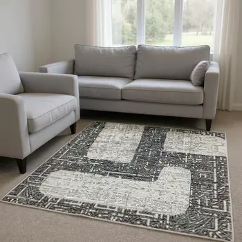 8' X 10' Gray And Ivory Abstract Washable Area Rug With UV Protection