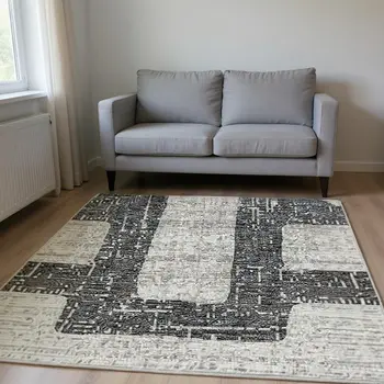 9' X 12' Gray And Ivory Abstract Washable Area Rug With UV Protection