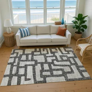 10' X 14' Gray And Ivory Abstract Washable Area Rug With UV Protection